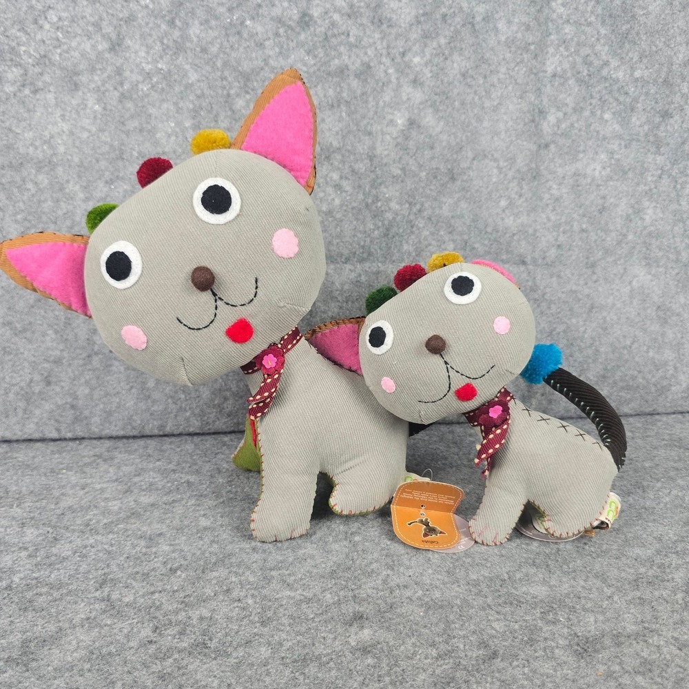 NWT‎ Cat Plush Set Grey Patchwork Corduroy Folk Art Style Decor